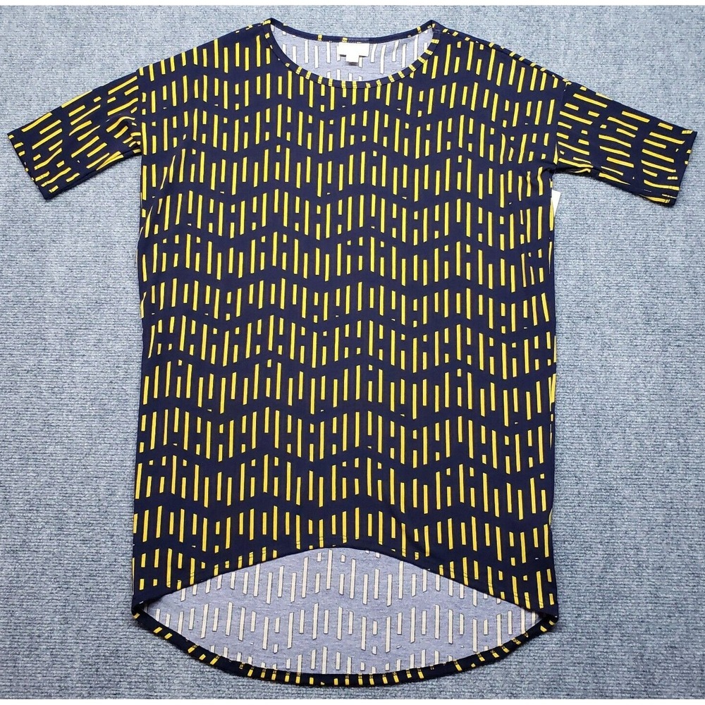 LulaRoe Irma Top Tunic Womens 2XS Navy Blue Yellow Round Neck Short Sleeve New